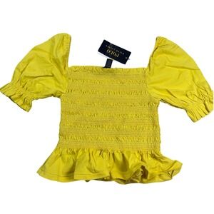 Polo Ralph Lauren Yellow Smocked Peplum Top Short Sleeve Square Neck M 8-10
